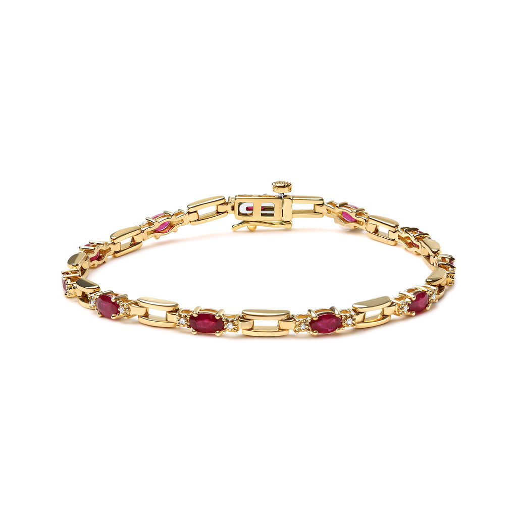 10K Yellow Gold Oval Ruby and 1/10 Cttw Diamond Bar Prong Set Bracelet (H-I Color, SI1-SI2 Clarity) - 7" Length
