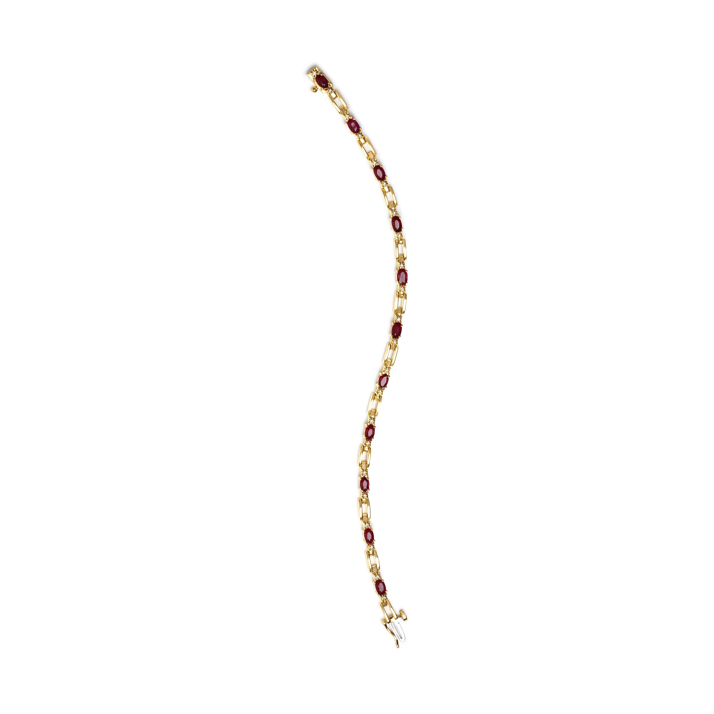 10K Yellow Gold Oval Ruby and 1/10 Cttw Diamond Bar Prong Set Bracelet (H-I Color, SI1-SI2 Clarity) - 7" Length