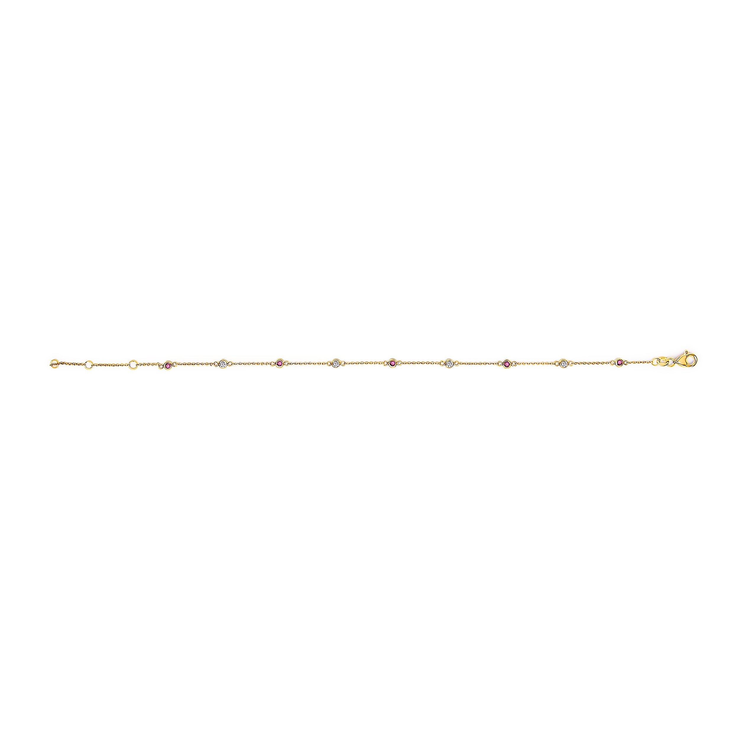 14K Yellow Gold Alternating Red Ruby and White Diamond Bezel Station Chain Bracelet (I-J Color, SI2-I1 Clarity) - 8" Inches