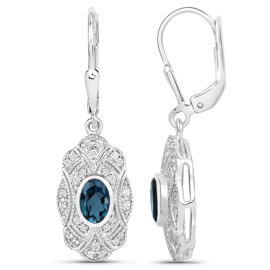 1.32 Carat Genuine London Blue Topaz and White Topaz .925 Sterling Silver Earrings