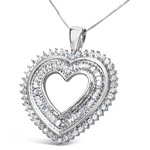.925 Sterling Silver 1.0 Cttw Baguette and Round Diamond Heart Pendant 18" Necklace (H-I Color, I3 Clarity)