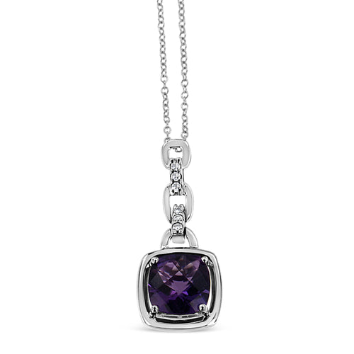 .925 Sterling Silver 6x6MM Cushion Shaped Natural Purple Amethyst and Diamond Accented Bail 18" Inch Pendant Necklace (I-J Color, I1-I2 Clarity)