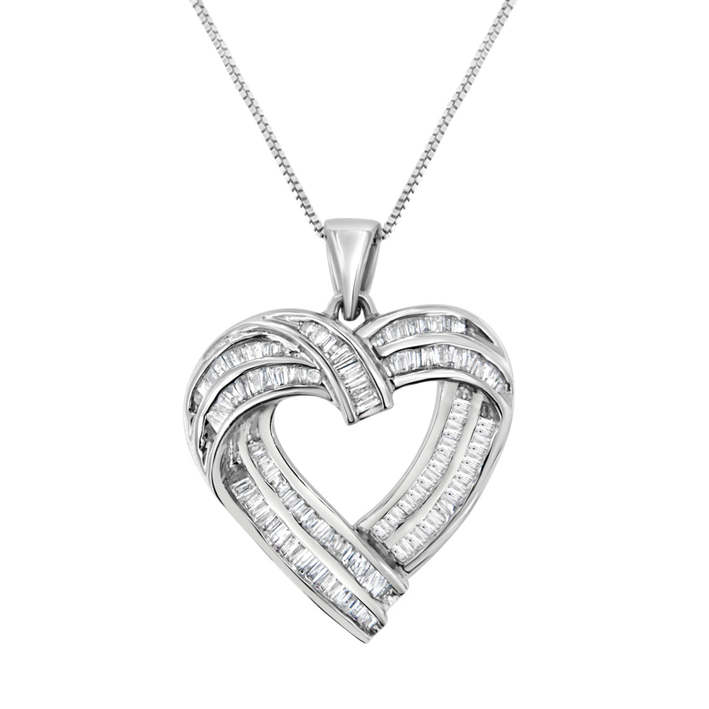 Sterling Silver 7/8 ct. t.w. Baguette Diamond Heart Pendant Necklace (I-J, I2-I3)