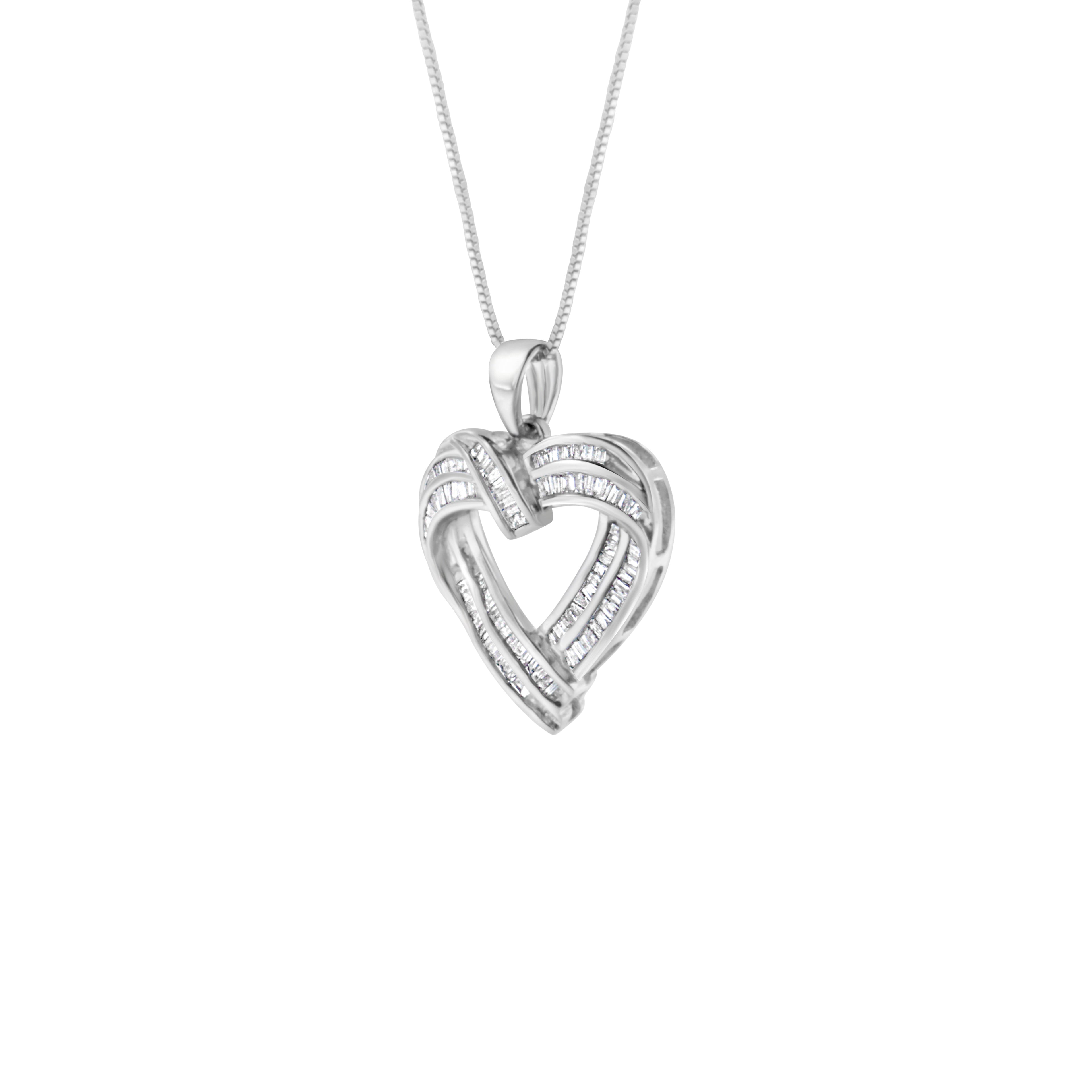 Sterling Silver 7/8 ct. t.w. Baguette Diamond Heart Pendant Necklace (I-J, I2-I3)
