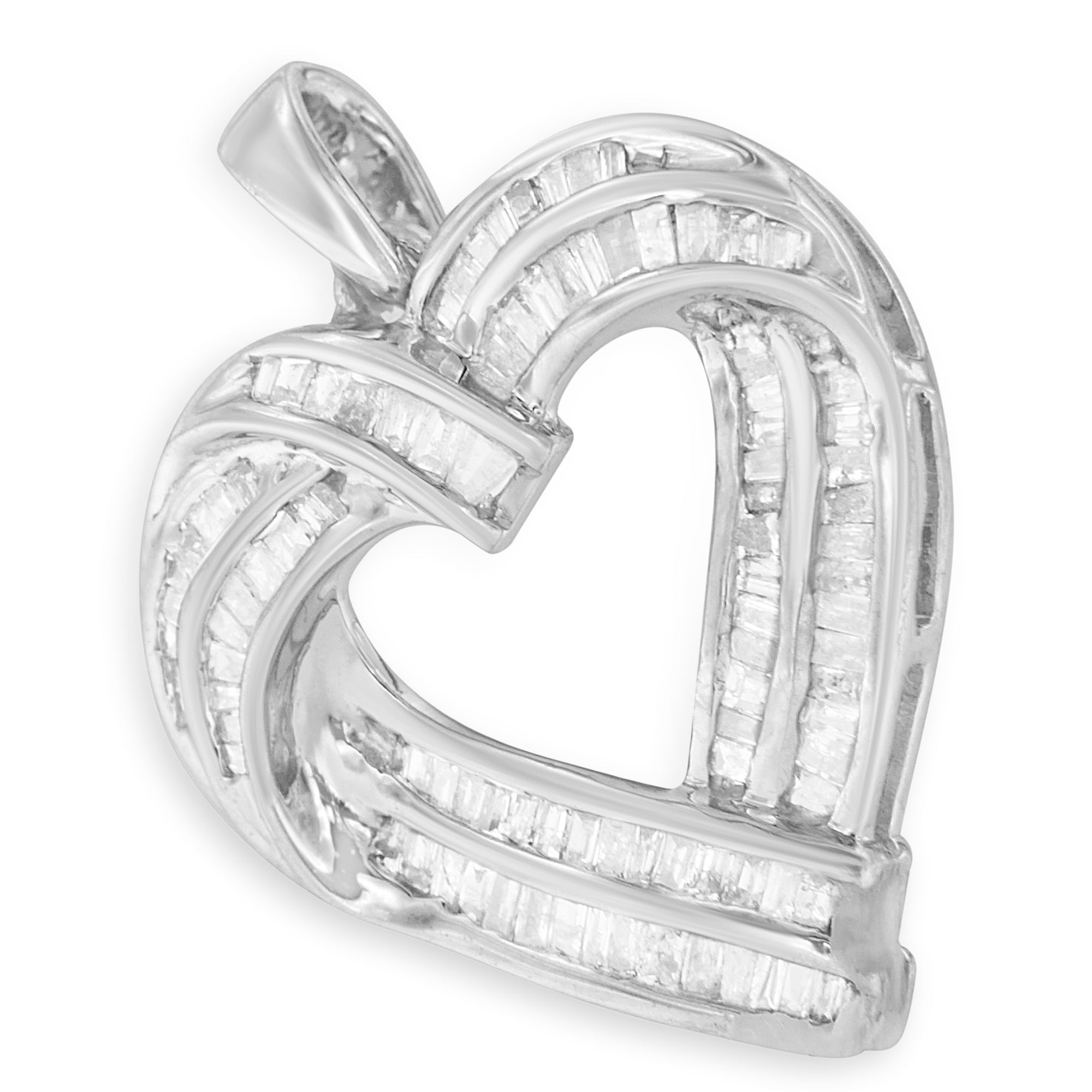 Sterling Silver 7/8 ct. t.w. Baguette Diamond Heart Pendant Necklace (I-J, I2-I3)
