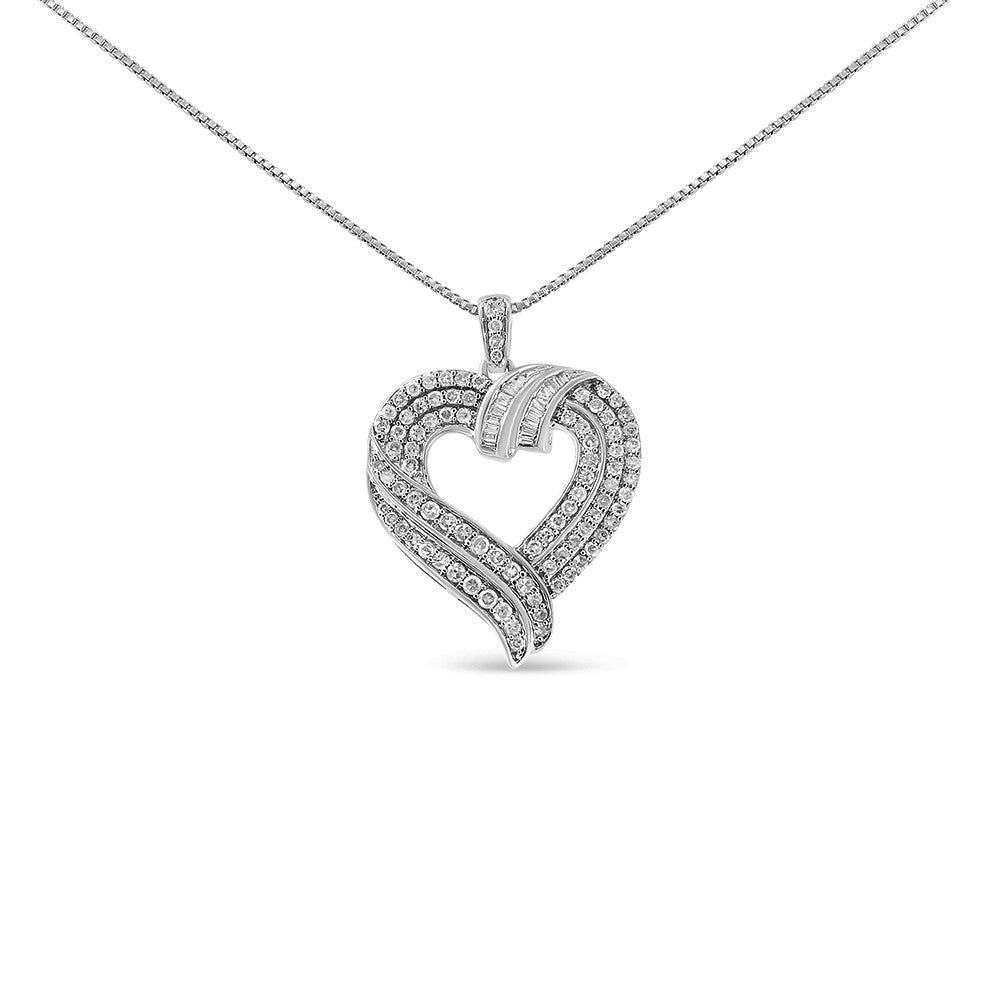 14K Yellow Gold Plated .925 Sterling Silver 1.00 Carat Total Weight Baguette Diamond Composite Open Heart 18" Inch Pendant Necklace (I-J Color, I1-I2 Clarity)