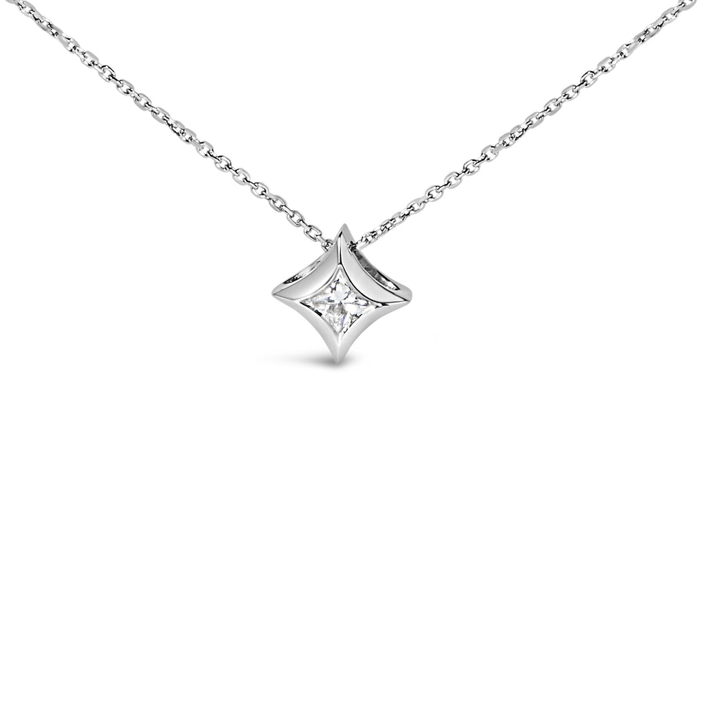 10K White Gold 1/10 Cttw Bezel Set Solitaire Princess Cut Diamond Kite Shaped Pendant Necklace - 18" Inches