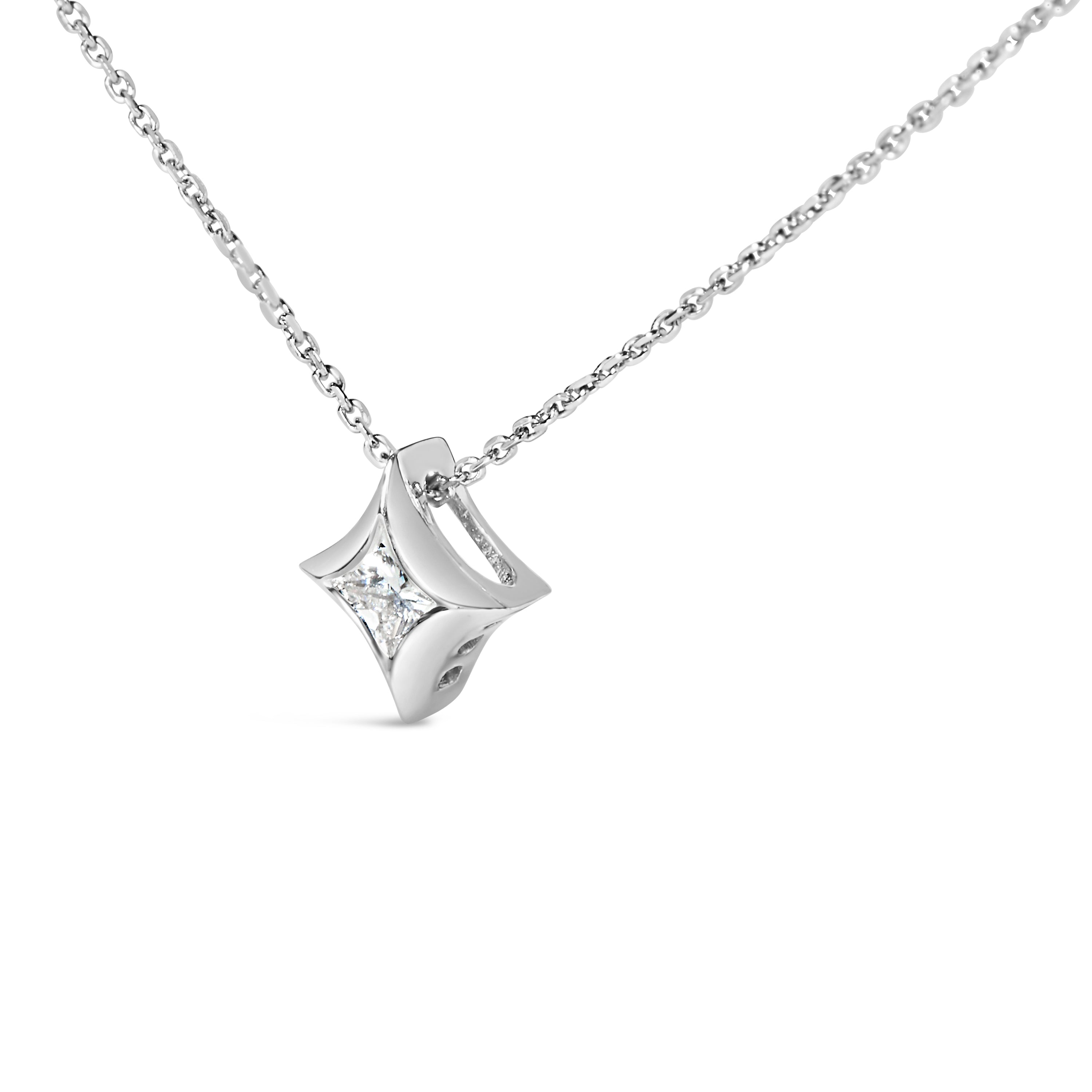 10K White Gold 1/10 Cttw Bezel Set Solitaire Princess Cut Diamond Kite Shaped Pendant Necklace - 18" Inches