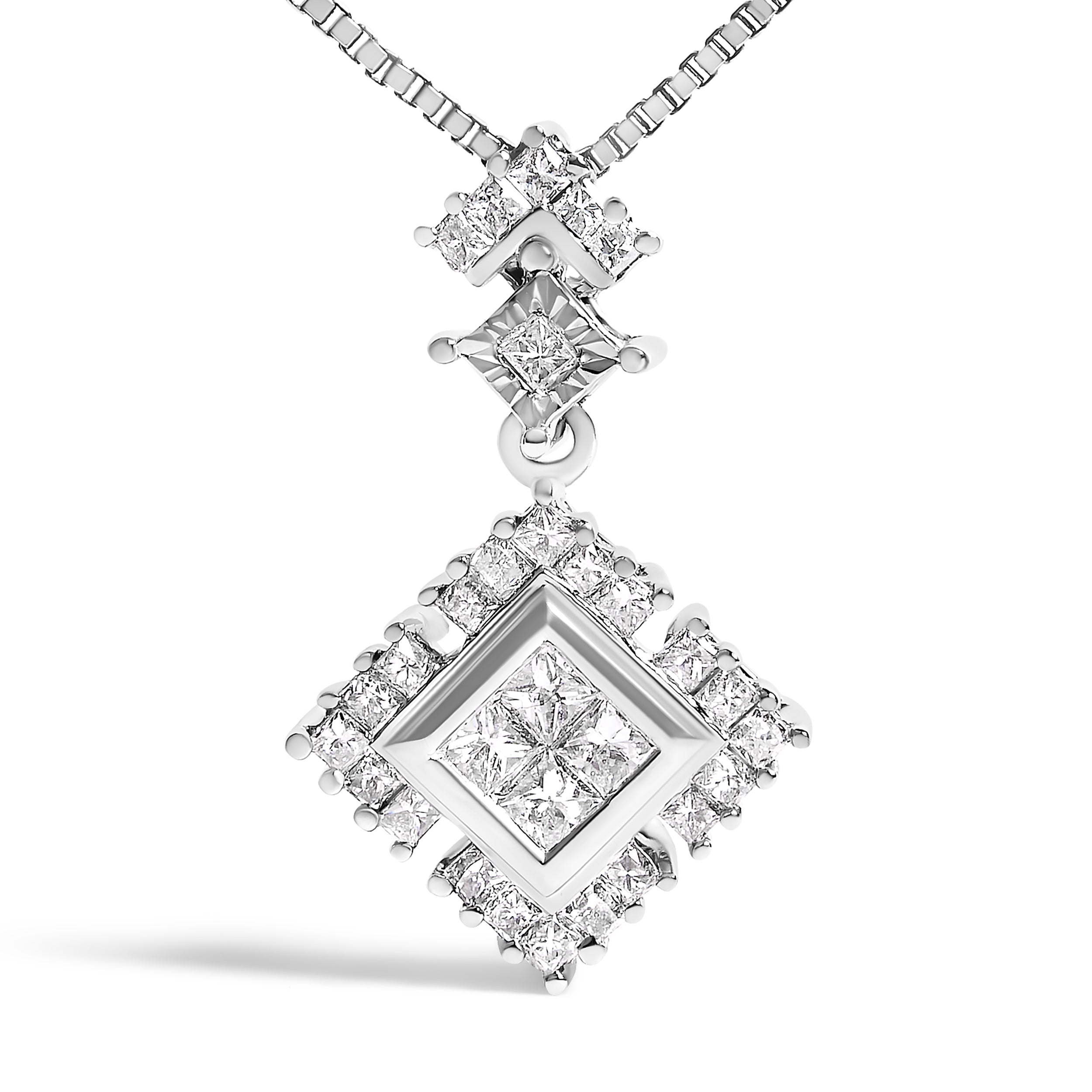 10K White Gold 1/2 Cttw Princess Cut Rhombus Drop Pendant Necklace