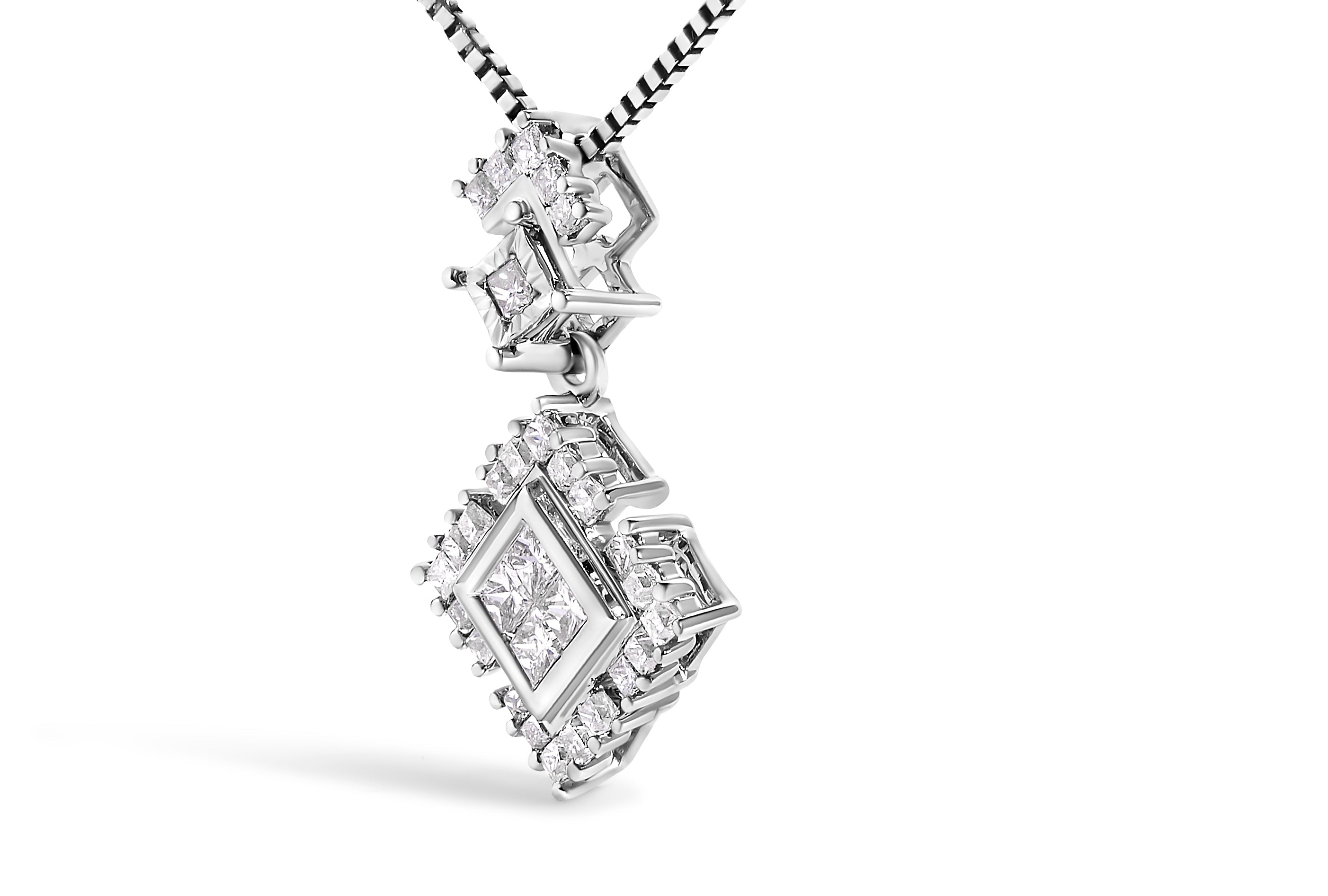 10K White Gold 1/2 Cttw Princess Cut Rhombus Drop Pendant Necklace