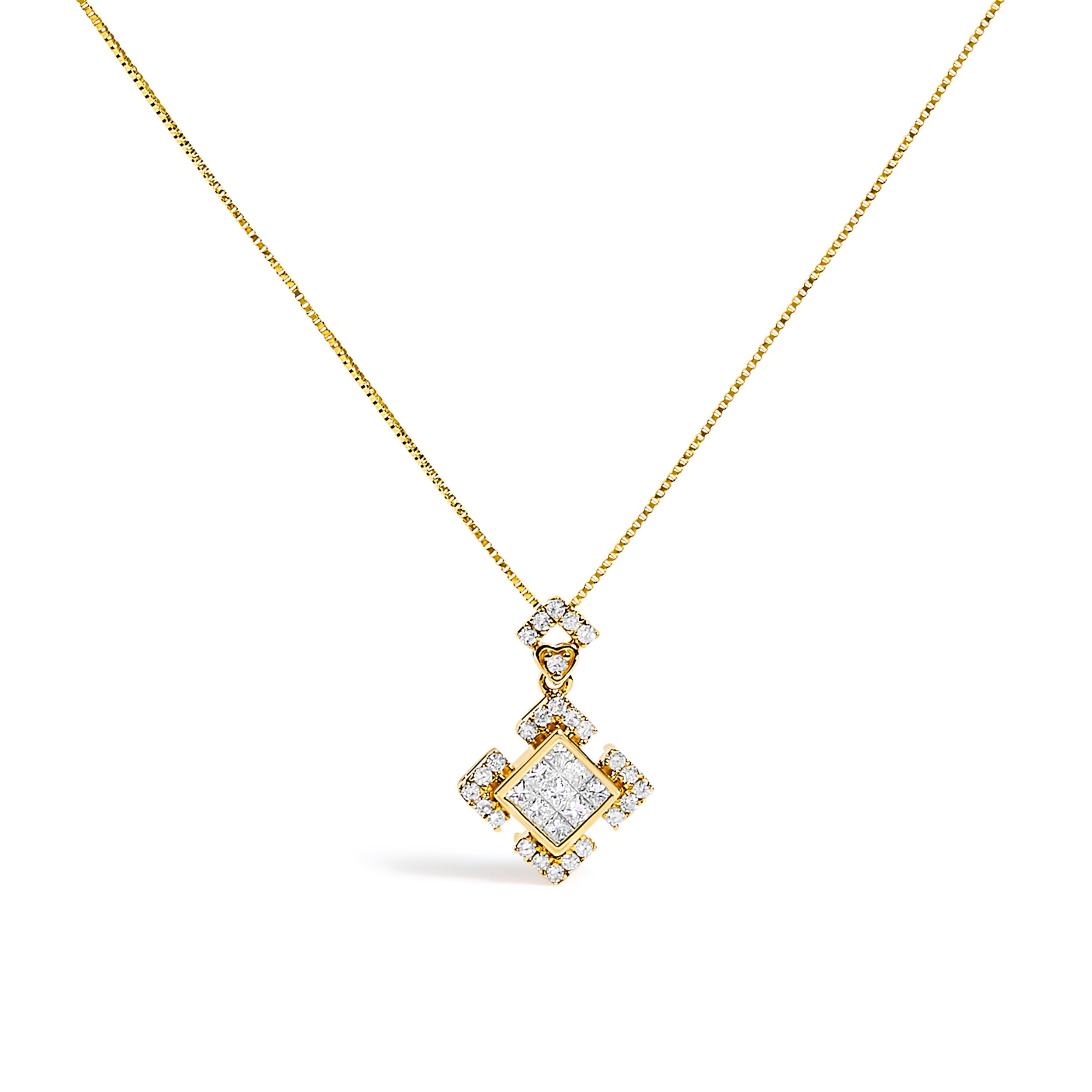 10K Yellow Gold 3/8 Cttw Princess Diamond Geometric Pendant Necklace