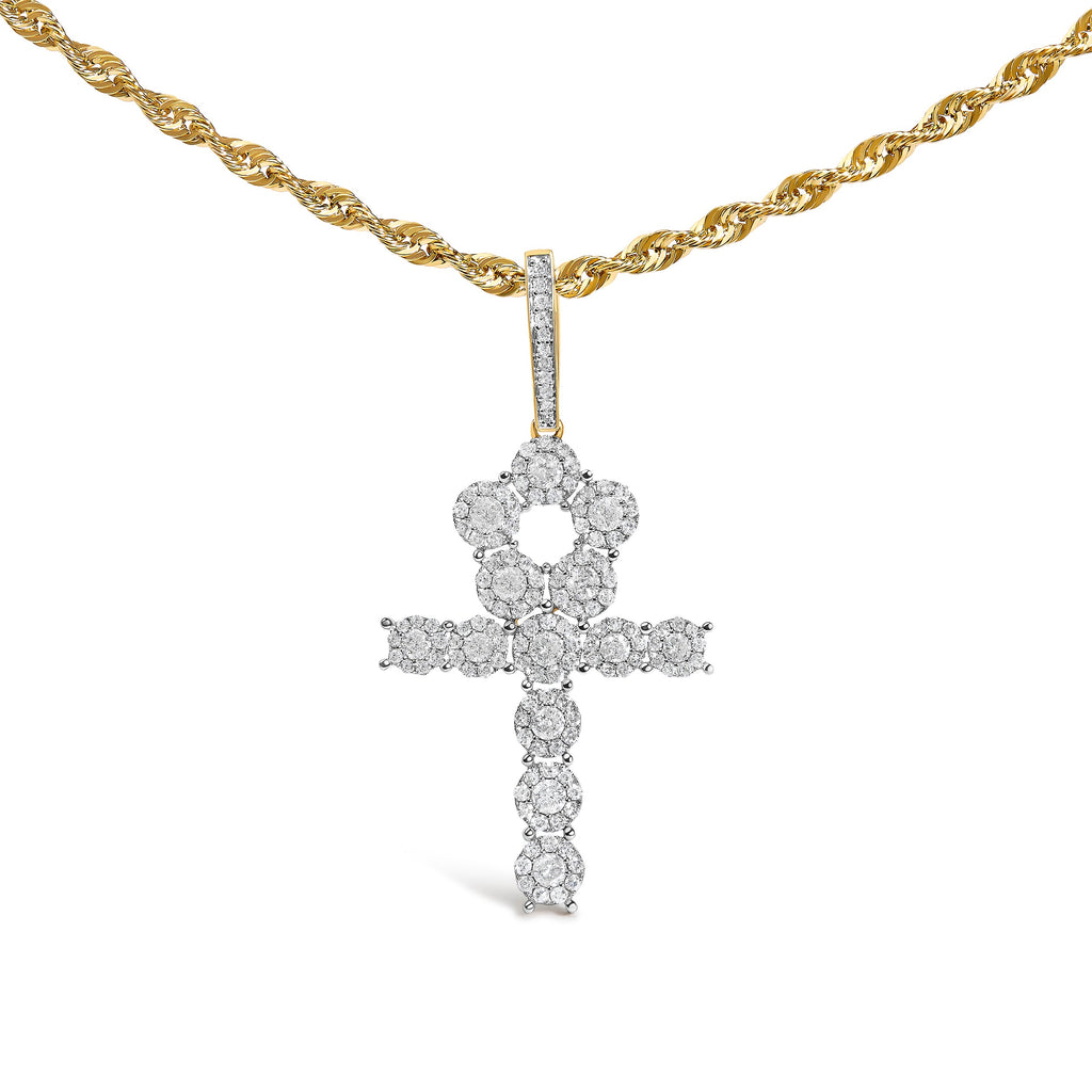 Men's 10K Yellow Gold 1 3/4 Cttw Diamond Cluster Ankh Cross Pendant Necklace - 18" Inches