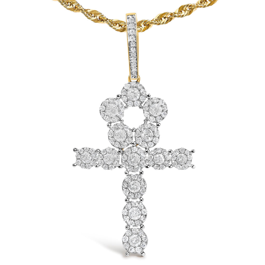 Men's 10K Yellow Gold 1 3/4 Cttw Diamond Cluster Ankh Cross Pendant Necklace - 18" Inches