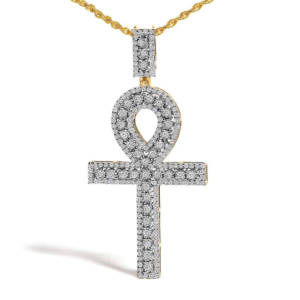 Men's 10K Yellow Gold 1.00 Cttw Diamond Ankh Cross Pendant Necklace
