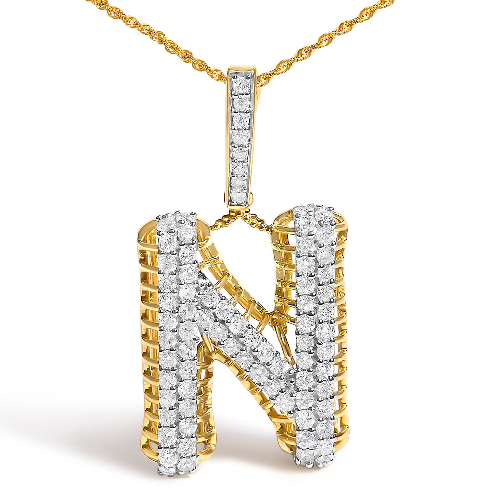 Men's 10K Yellow Gold 1 1/2 Cttw Diamond Letter N Initial Pendant Necklace