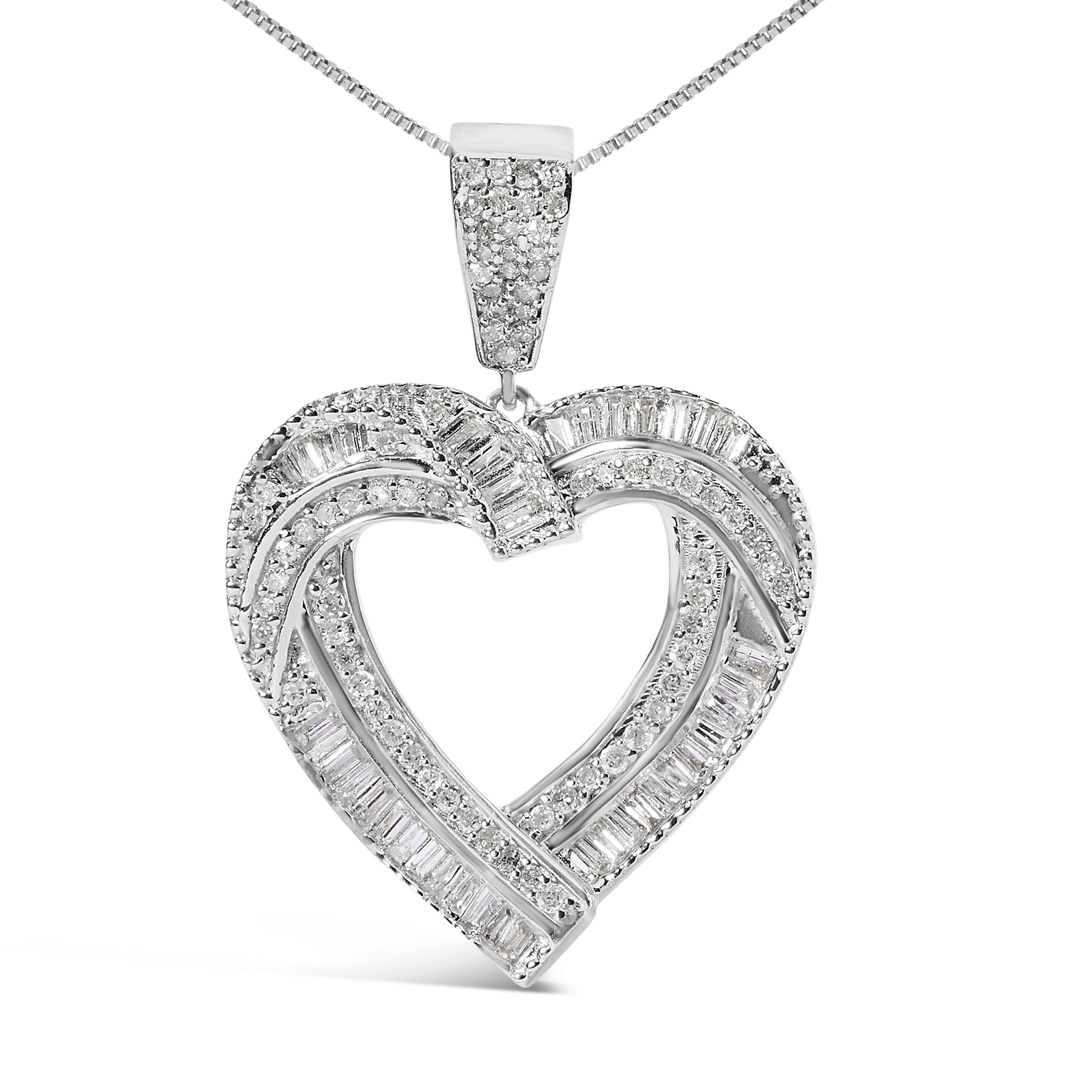 .925 Sterling Silver 1.00 Cttw Baguette and Round Diamond Open Heart Pendant Necklace