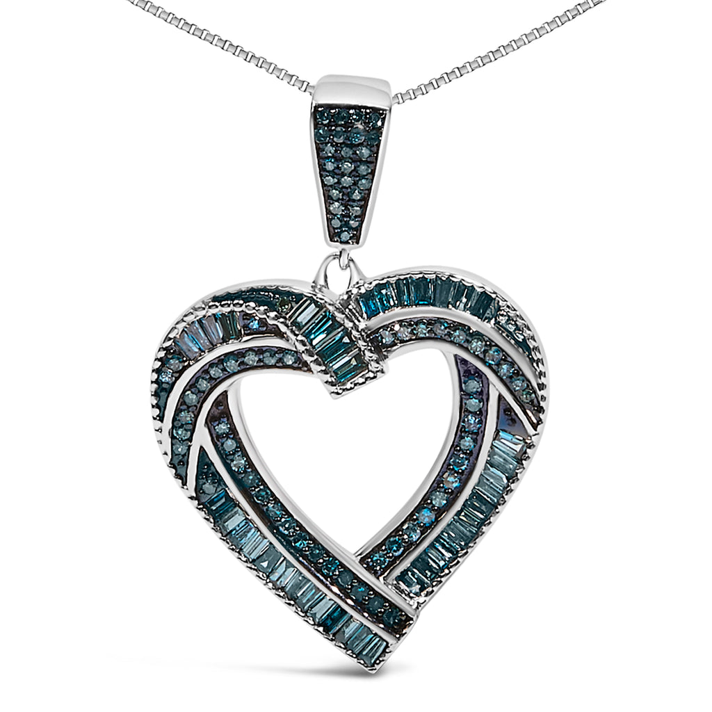 .925 Sterling Silver 1.00 Cttw Baguette and Round Blue Diamond Open Heart Pendant Necklace