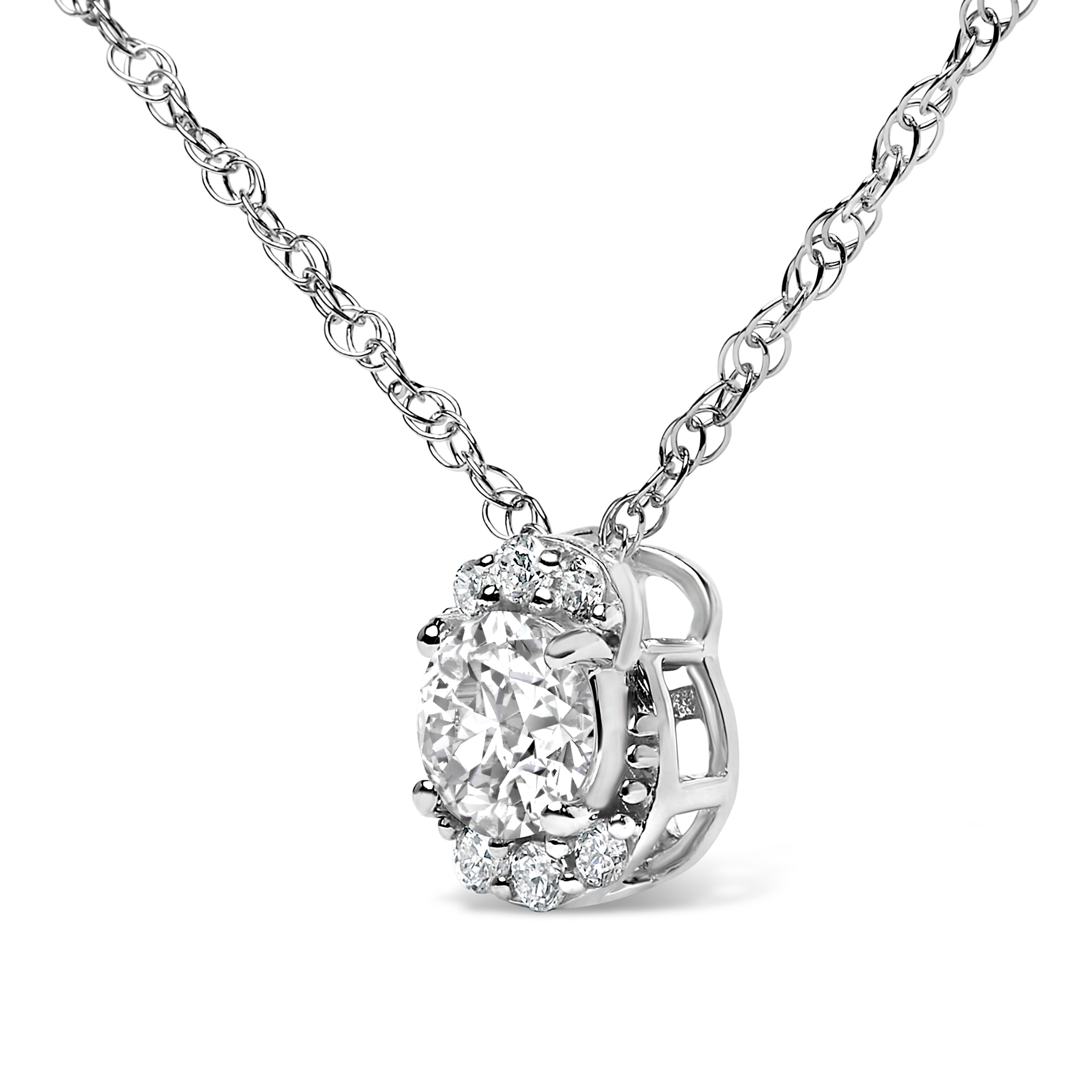 Sterling Silver 1/2 Carat Total Weight Lab Grown Diamond Oval Halo Pendant Necklace