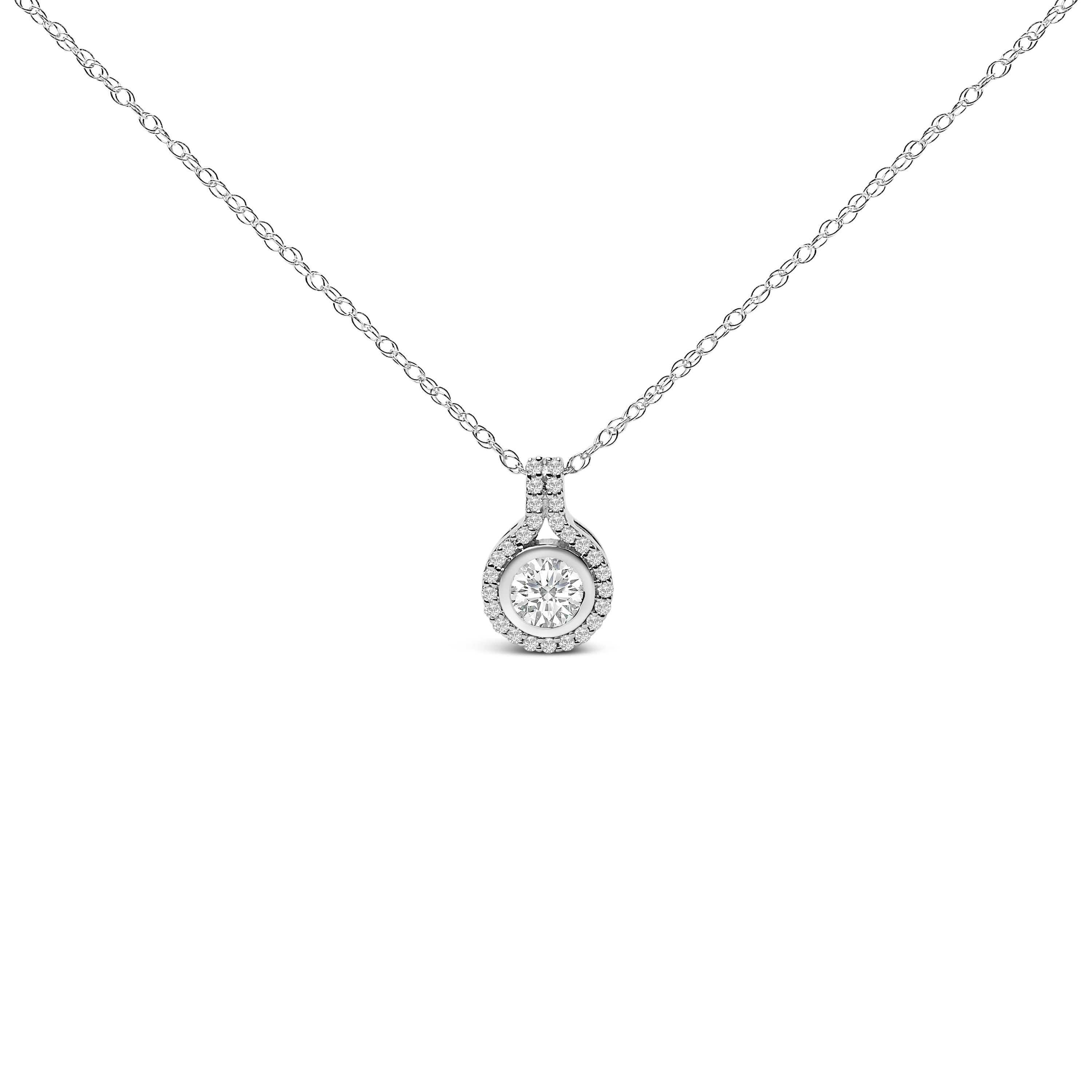 Sterling Silver 3/4 Carat Total Weight Lab Grown Diamond Halo Pendant Necklace