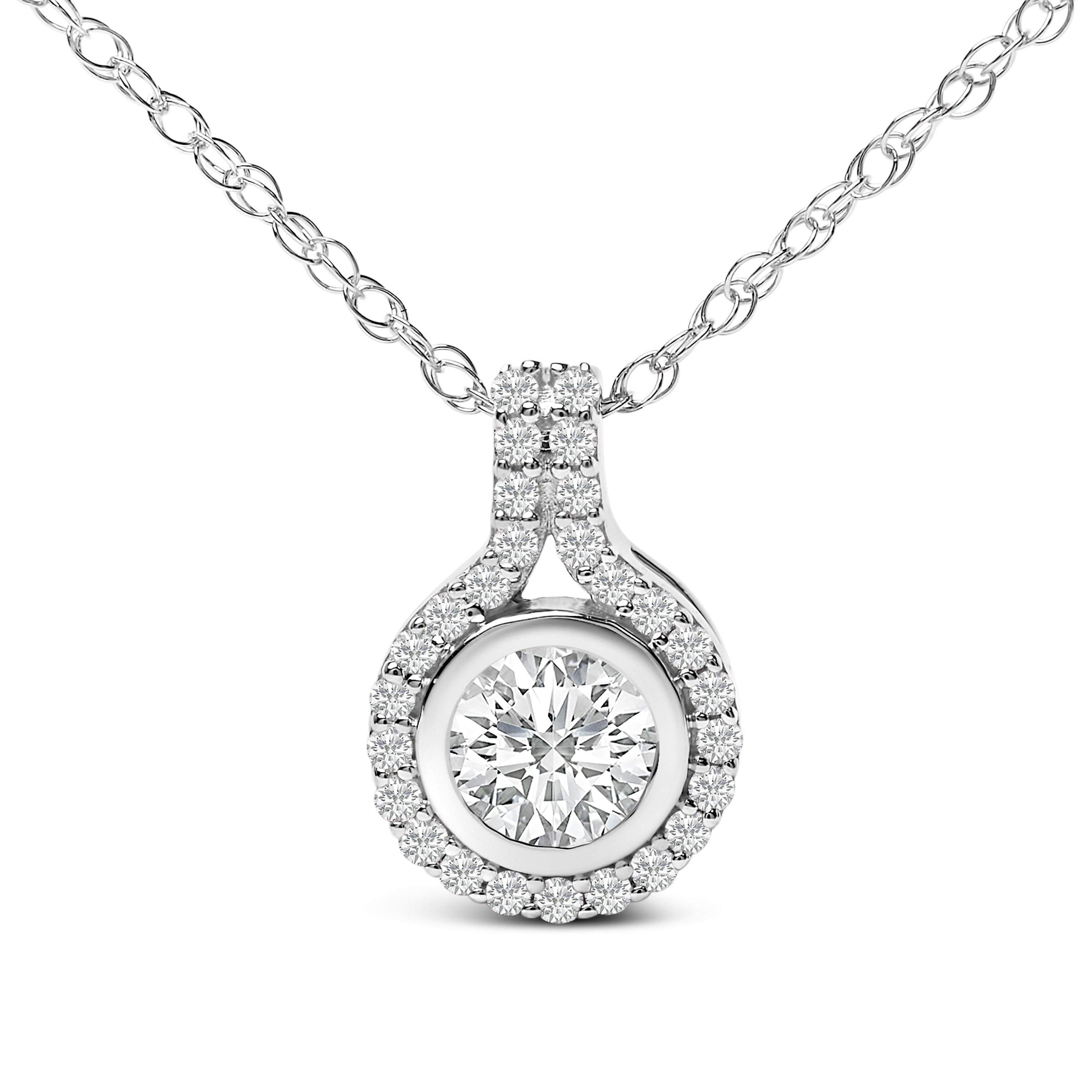 Sterling Silver 3/4 Carat Total Weight Lab Grown Diamond Halo Pendant Necklace