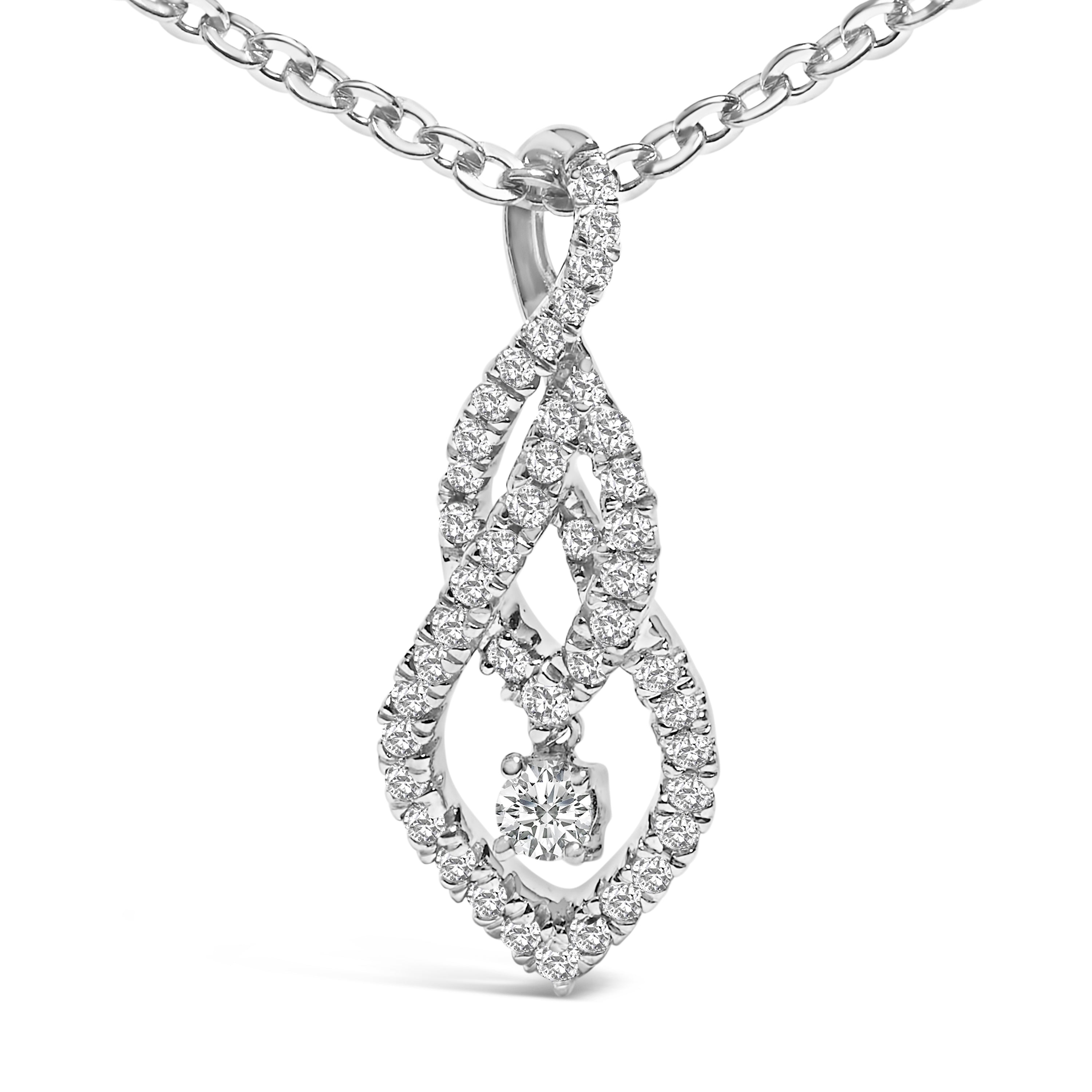 Sterling Silver 1/3 Carat Total Weight Diamond Swirl Teardrop Pendant Necklace