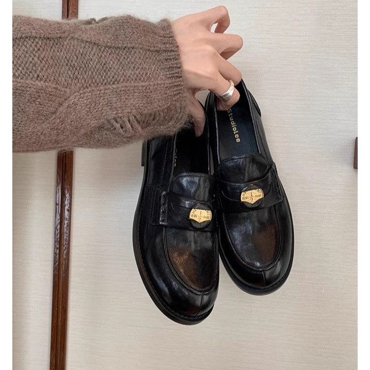 Women's Gold Coin Loafers – British-Style Round Toe Leather Slip-On Flats
