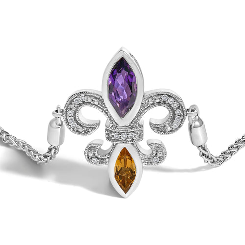 .925 Sterling Silver Marquise Purple Amethyst, Orange Citrine, and Diamond Accent Lariat 4"-10" Fleur De Lis Adjustable Bolo Bracelet (I-J Color, I1-I2 Clarity)