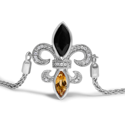 .925 Sterling Silver Marquise Black Onyx, Orange Citrine, and Diamond Accent Lariat 4"-10" Fleur De Lis Adjustable Bolo Bracelet (I-J Color, I1-I2 Clarity) - 7"