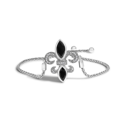 .925 Sterling Silver Marquise Black Onyx and Diamond Accent Lariat 4"-10" Fleur De Lis Adjustable Bolo Bracelet (I-J Color, I1-I2 Clarity)