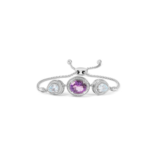 .925 Sterling Silver Oval Amethyst and Pear Blue Topaz with Diamond Accent Lariat 4"-10" Adjustable Bolo Bracelet (H-I Color, SI1-SI2 Clarity)