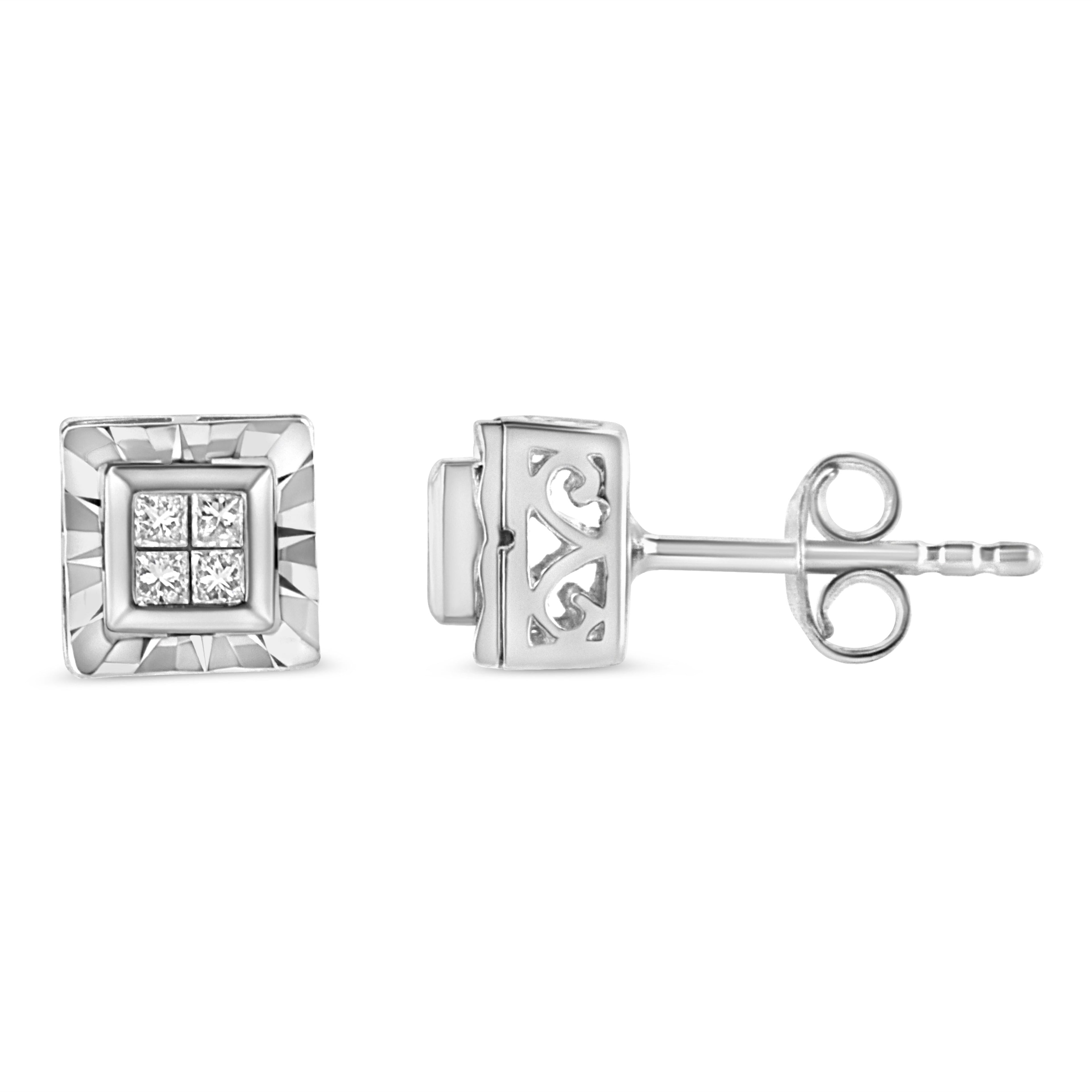 .925 Sterling Silver 1/6 Carat Total Weight Invisible Set Princess-Cut Diamond Quad Composite Stud Earrings (H-I Color, I1-I2 Clarity)