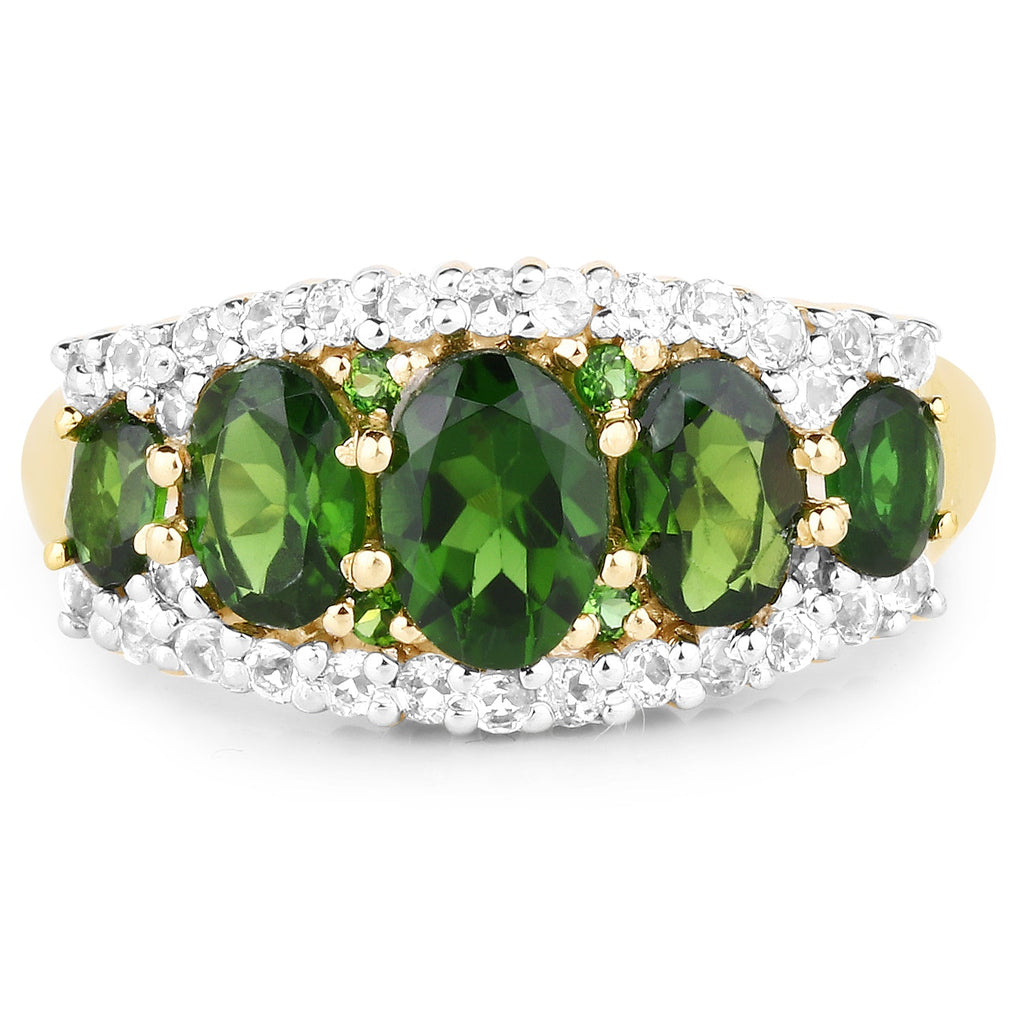 Anillo de plata esterlina .925 con diopsido de cromo genuino de 2.70 quilates y topacio blanco, chapado en oro amarillo de 18 quilates