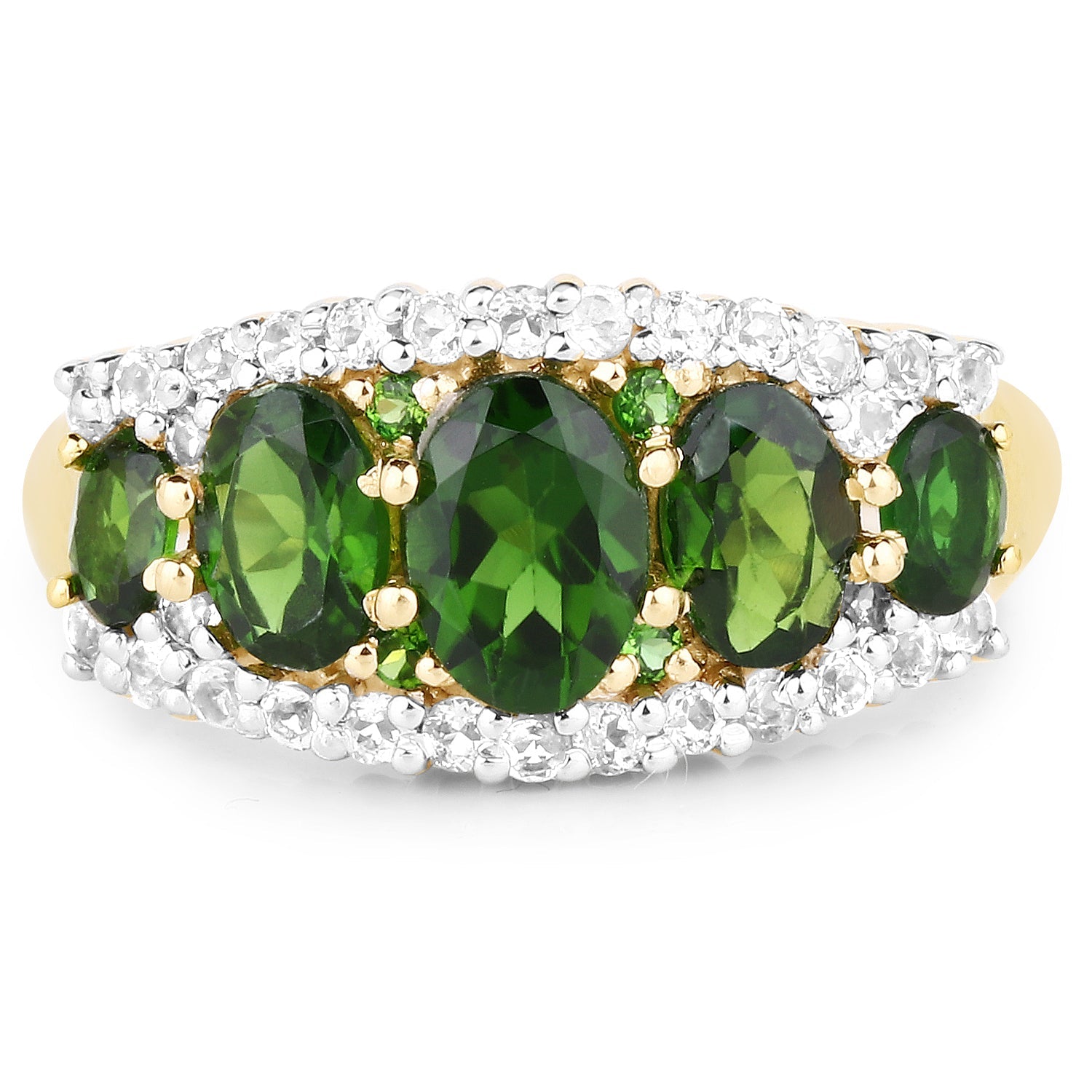 Anillo de plata esterlina .925 con diopsido de cromo genuino de 2.70 quilates y topacio blanco, chapado en oro amarillo de 18 quilates