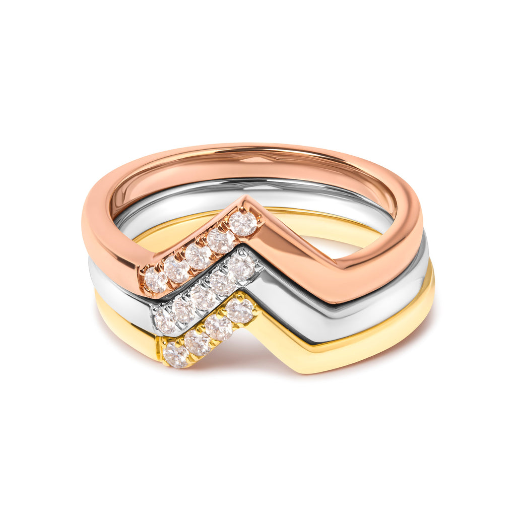 14K Gold 1/4 Carat Total Weight Diamond Geometrical Chevron V Stackable Band Ring Set (G-H Color, SI1-SI2 Clarity) - Size 7