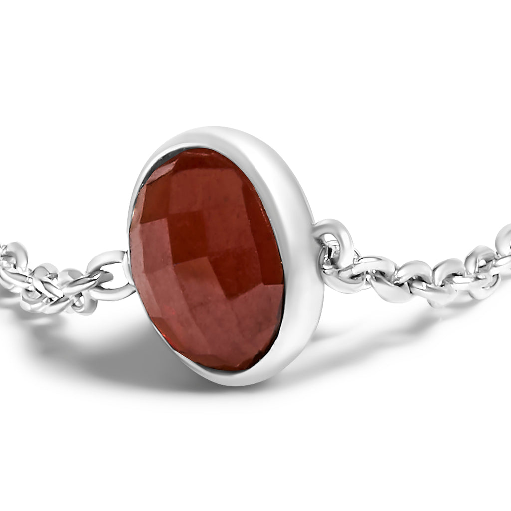 .925 Sterling Silver Checkerboard Cut Red Garnet Bezel Station Necklace - 22" Inches