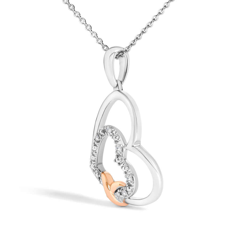 .925 Sterling Silver Double Heart Pendant Necklace with Diamond and 10K Rose Gold Accent