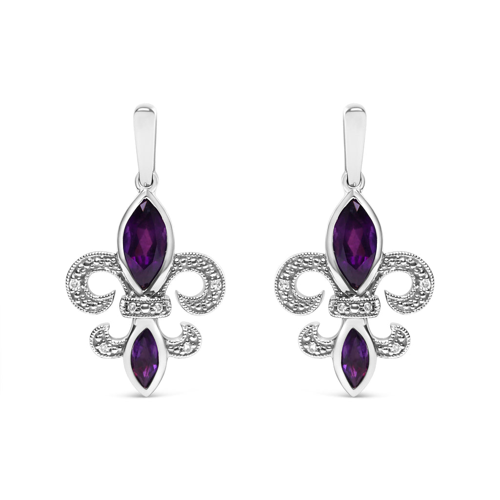 .925 Sterling Silver Marquise Cut Amethyst and Diamond Accent Fleur De Lis Dangle Stud Earrings (H-I Color, SI1-SI2 Clarity)