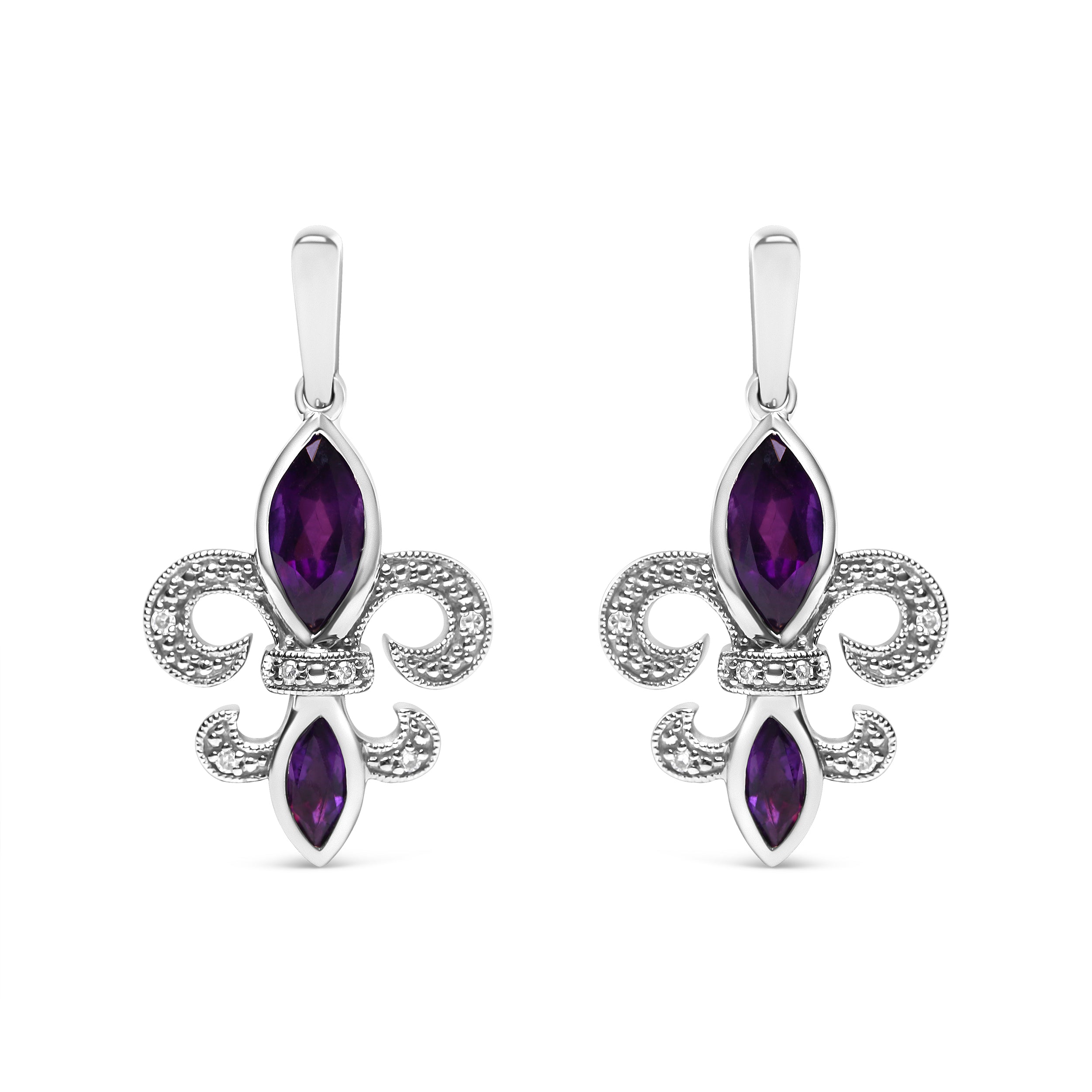 .925 Sterling Silver Marquise Cut Amethyst and Diamond Accent Fleur De Lis Dangle Stud Earrings (H-I Color, SI1-SI2 Clarity)