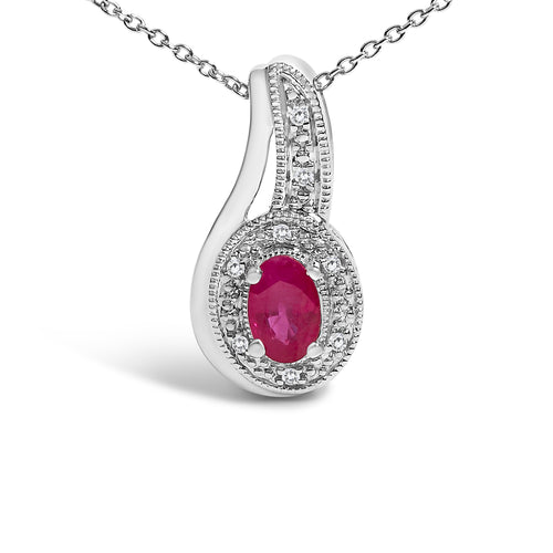 .925 Sterling Silver Red Ruby and Diamond Accent Milgrain Swirl Pendant Necklace - 18" Inches