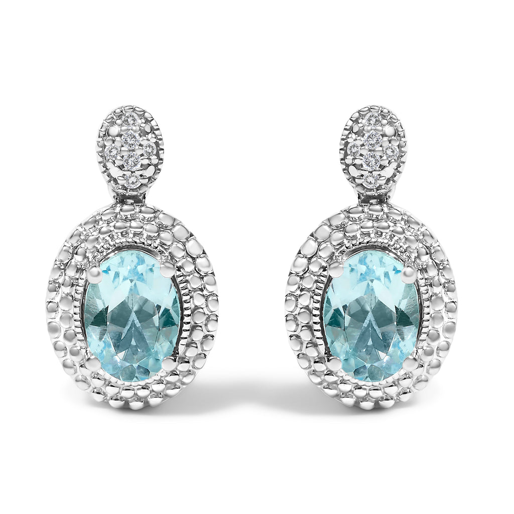 .925 Sterling Silver Diamond Accent and Oval Blue Topaz with Beaded Halo Drop Stud Earrings (I-J color, I1-I2 Clarity)