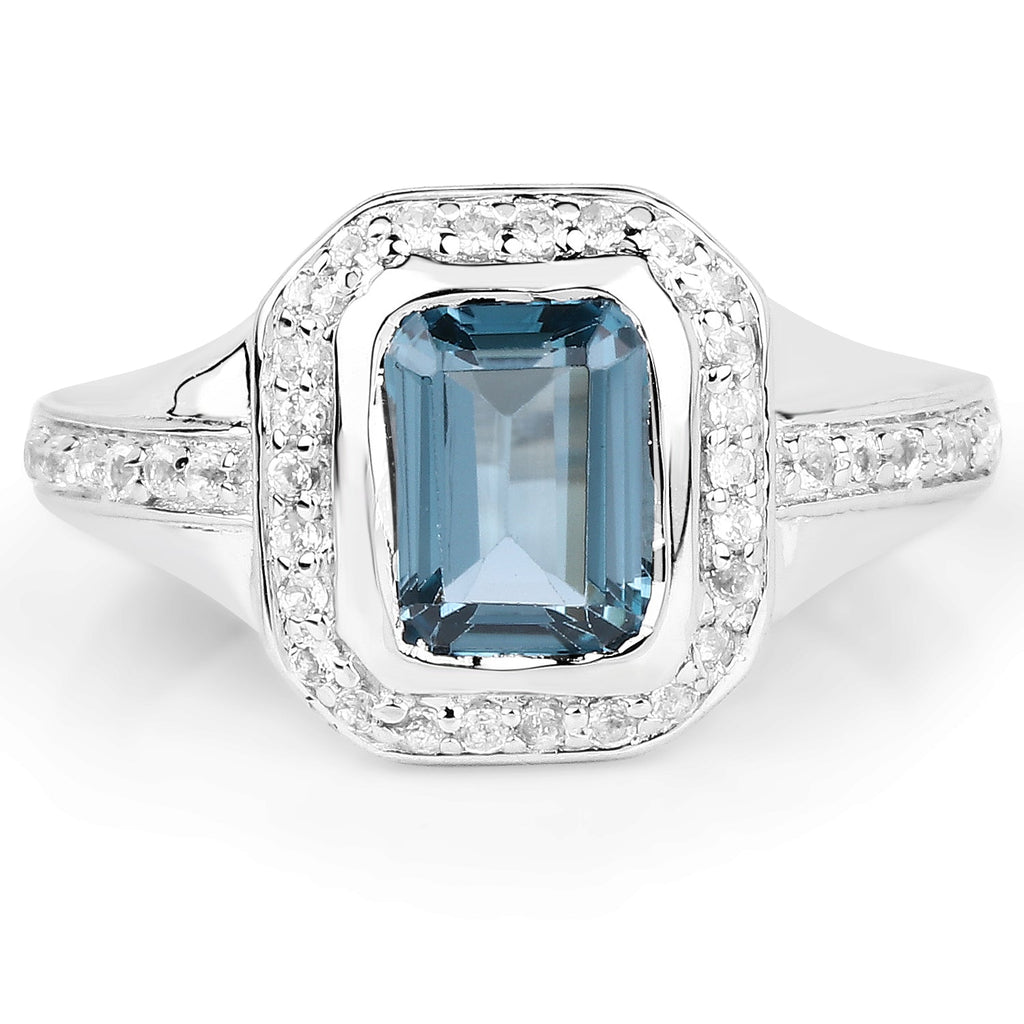 2.29 Carat Genuine London Blue Topaz and White Topaz .925 Sterling Silver Ring