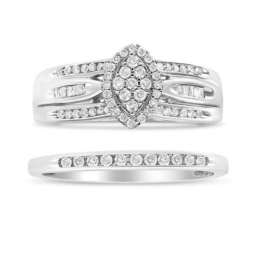 .925 Sterling Silver 1/2 Carat Total Weight Round and Baguette-Cut Diamond Engagement Bridal Set (I-J Color, I1-I2 Clarity) - Size 7