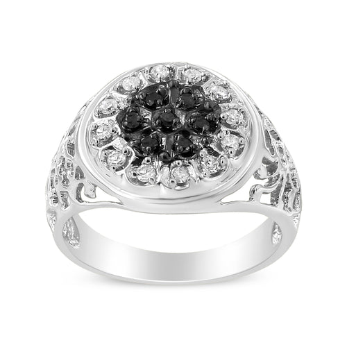 .925 Sterling Silver 1/4 Carat Total Weight White and Black Treated Diamond Halo Cluster Ring for Men (I-J Color, I3 Clarity) - Size 10