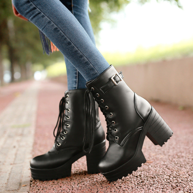 Women’s Chunky Heel PU Martin Boots – Stylish Ankle Combat Boots