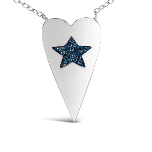 .925 Sterling Silver Blue Diamond Heart with Star Pendant Necklace