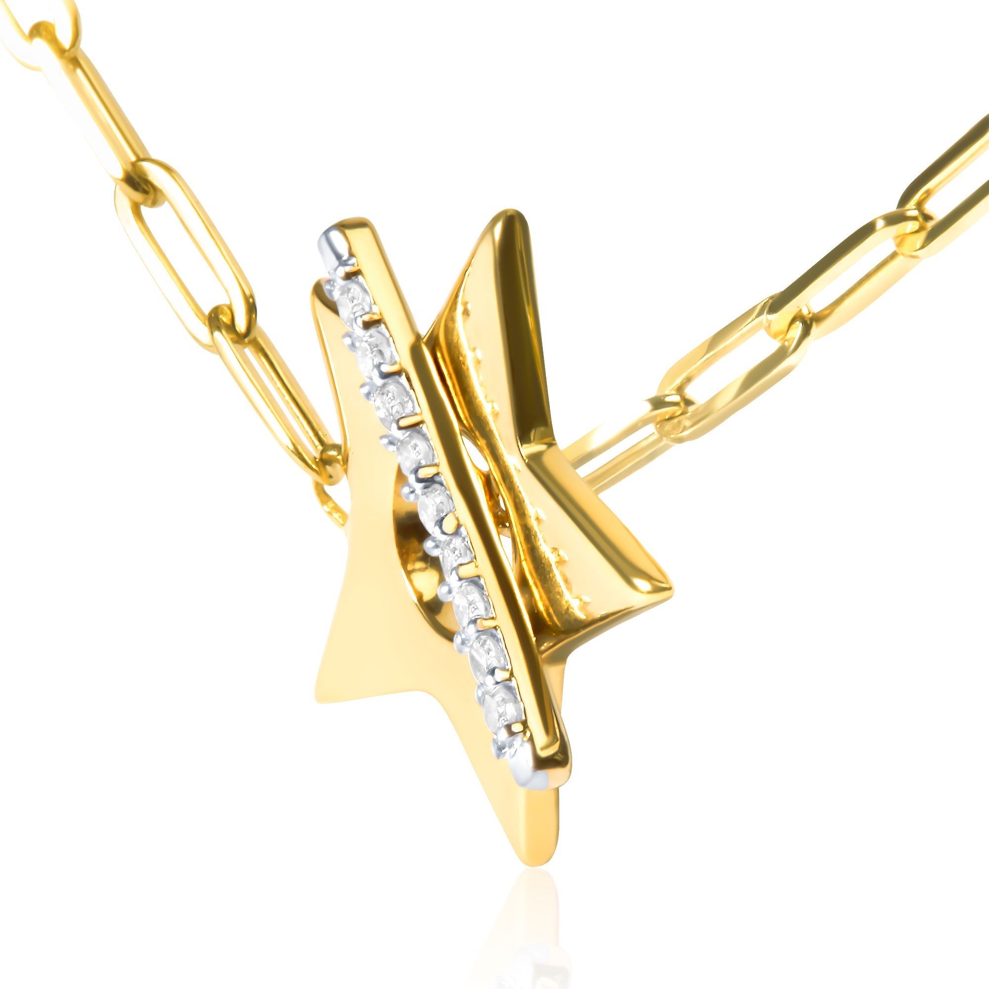 18K Yellow Gold Plated Sterling Silver Diamond Accent Star Pendant Necklace with Paperclip Chain