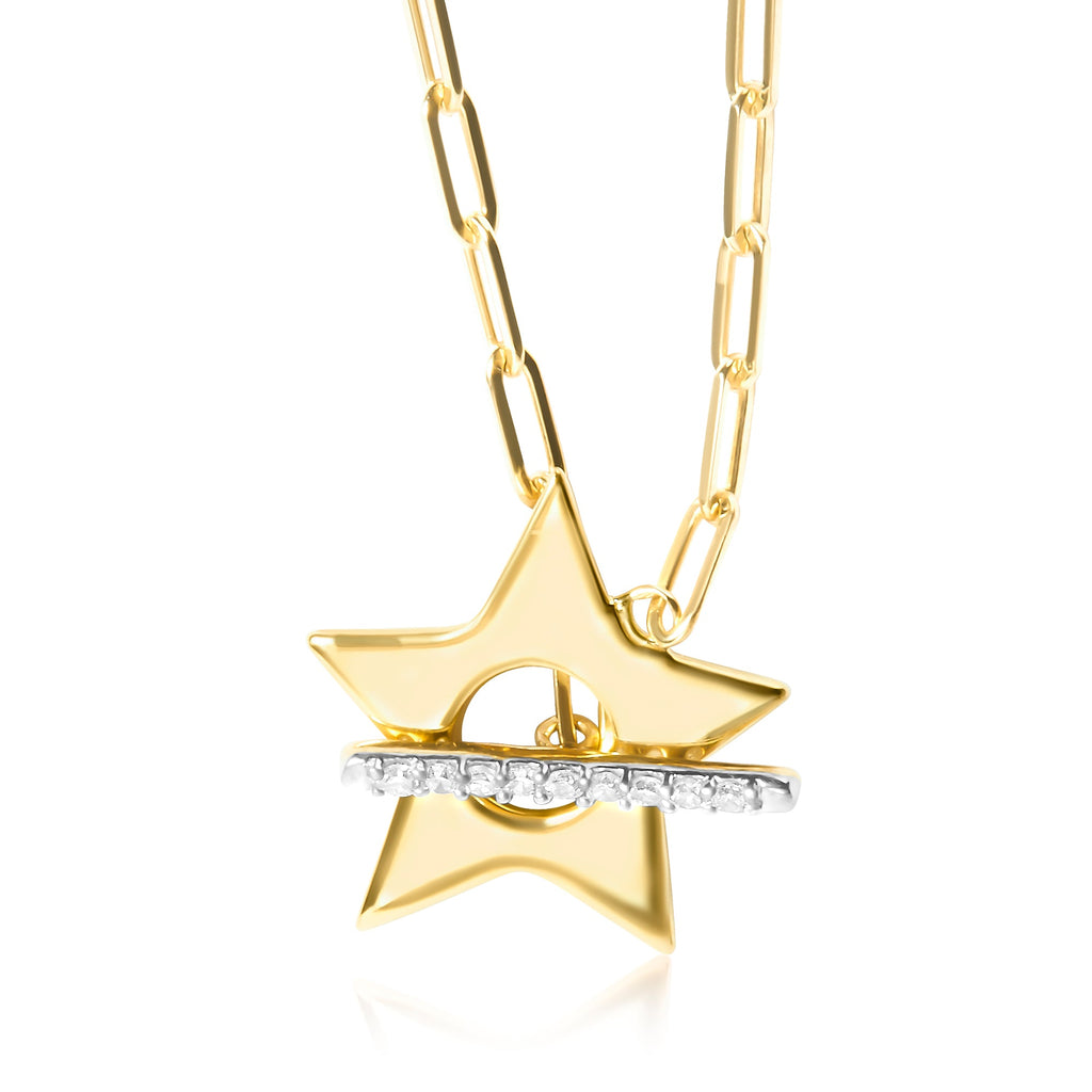18K Yellow Gold Plated Sterling Silver Diamond Accent Star Pendant Necklace with Paperclip Chain