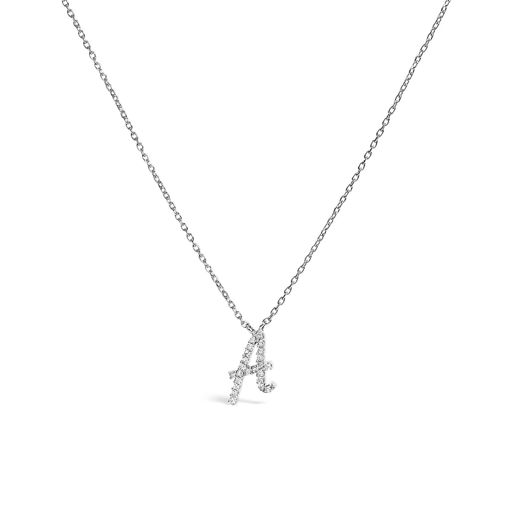 14K White Gold Diamond Accent "A" Initial Script Style Pendant Necklace