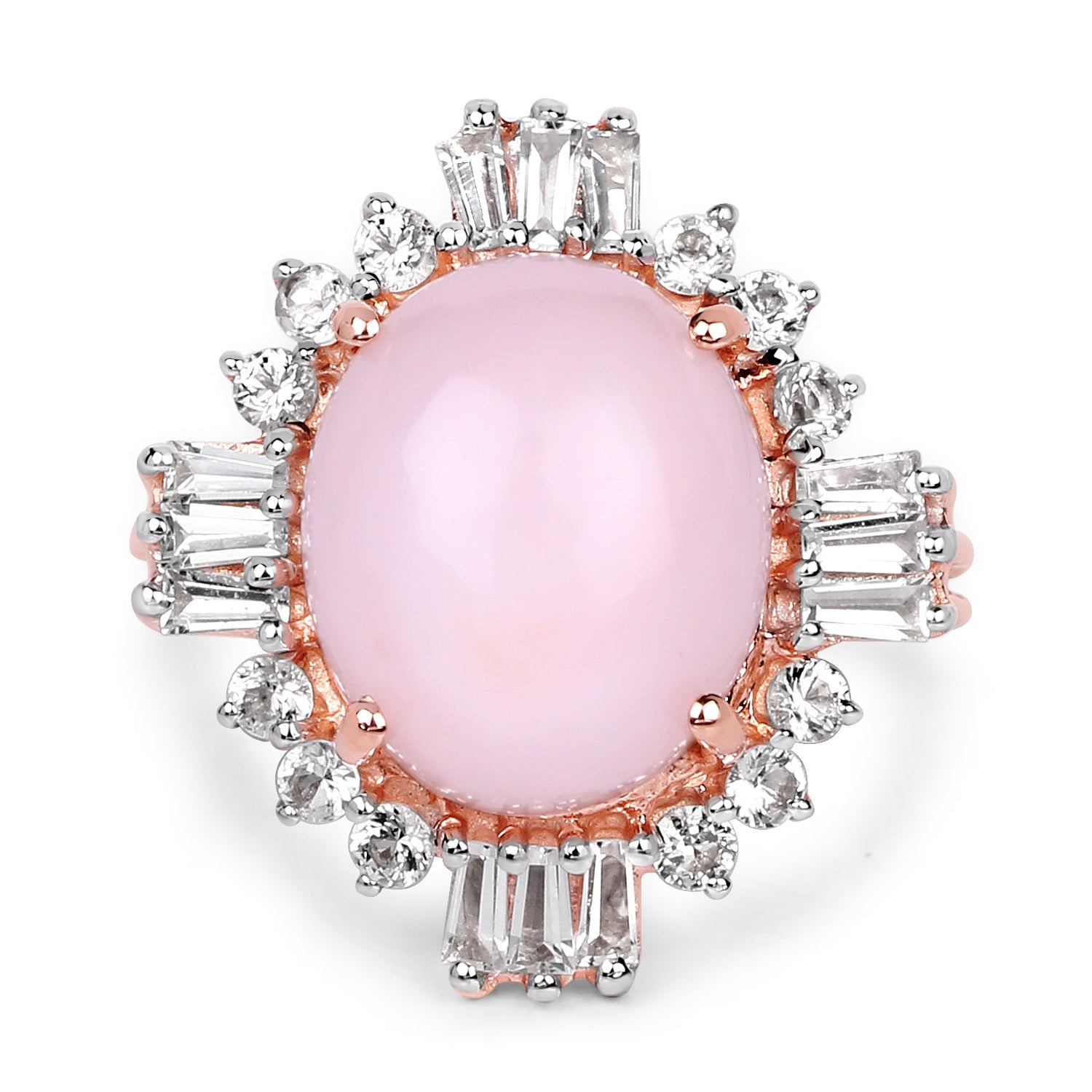 14K Rose Gold Plated 6.42 Carat Genuine Pink Opal and White Topaz .925 Sterling Silver Ring