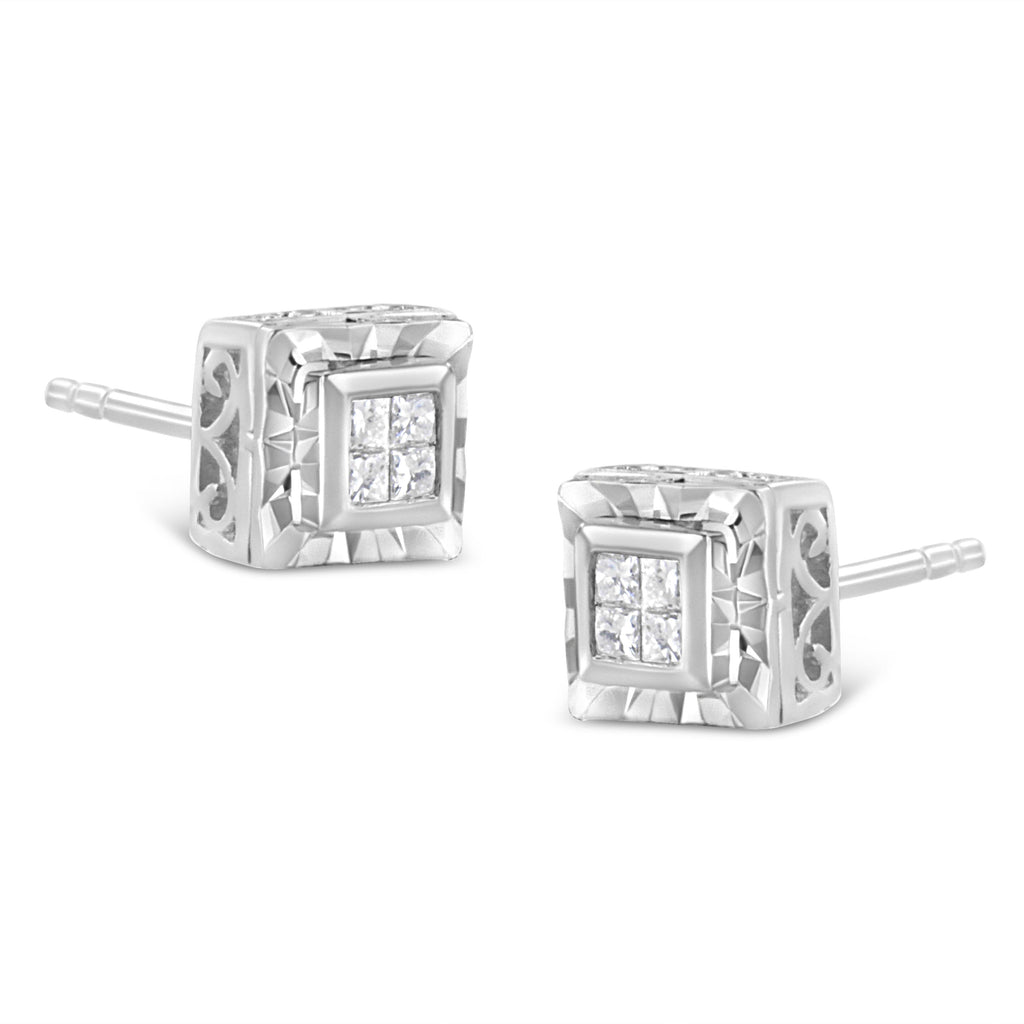 .925 Sterling Silver 1/6 Carat Total Weight Invisible Set Princess-Cut Diamond Quad Composite Stud Earrings (H-I Color, I1-I2 Clarity)